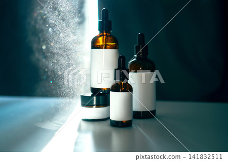 Skincare cosmetic products bottles on elegant dark background Skincare cosmetic products bottles on elegant dark background 141832511