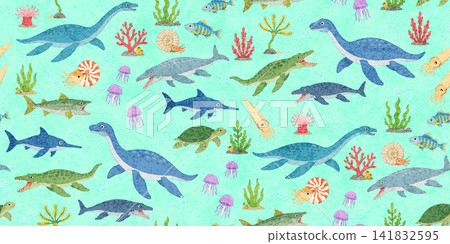 可愛的手繪海洋生物和水生恐龍重複圖案 - 水下插畫 - 海沫綠 可愛的手繪海洋生物和水生恐龍重複圖案 - 水下插畫 - 海沫綠 141832595
