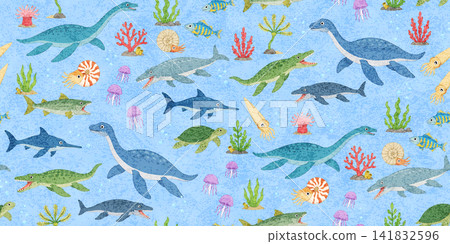 可愛的手繪海洋生物和水生恐龍重複圖案 - 水下插畫 - 柔和水族風格 可愛的手繪海洋生物和水生恐龍重複圖案 - 水下插畫 - 柔和水族風格 141832596