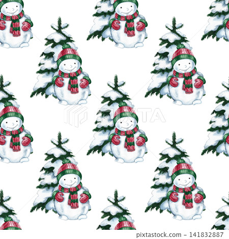 Seamless pattern of cute snowmen and Christmas trees. Hand-drawn watercolor illustration. Perfect for Christmas packaging, seasonal holiday prints, textiles, wallpaper, tablecloths, and more. Seamless pattern of cute snowmen and Christmas trees. Hand-drawn watercolor illustration. Perfect for Christmas packaging, seasonal holiday prints, textiles, wallpaper, tablecloths, and more. 141832887