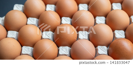 Fresh organic brown chicken eggs in cardboard tray Fresh organic brown chicken eggs in cardboard tray 141833047