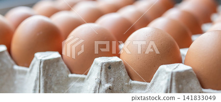 Fresh organic brown chicken eggs in cardboard tray Fresh organic brown chicken eggs in cardboard tray 141833049