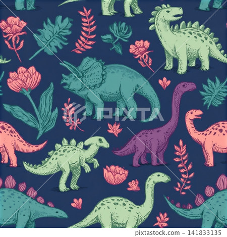 Seamless vector pattern with sketch of dinosaurs and abstract floral. Decoration print for wrapping, wallpaper, fabric. Seamless vector texture. Seamless vector pattern with sketch of dinosaurs and abstract floral. Decoration print for wrapping, wallpaper, fabric. Seamless vector texture. 141833135