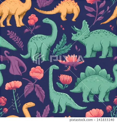 Seamless vector pattern with sketch of dinosaurs and abstract floral. Decoration print for wrapping, wallpaper, fabric. Seamless vector texture. Seamless vector pattern with sketch of dinosaurs and abstract floral. Decoration print for wrapping, wallpaper, fabric. Seamless vector texture. 141833140