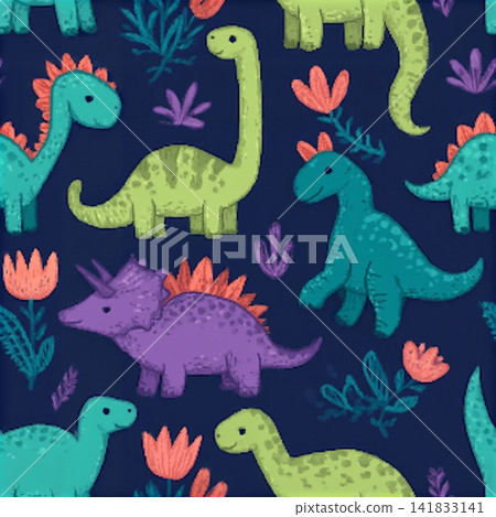 Seamless vector pattern with sketch of dinosaurs and abstract floral. Decoration print for wrapping, wallpaper, fabric. Seamless vector texture. Seamless vector pattern with sketch of dinosaurs and abstract floral. Decoration print for wrapping, wallpaper, fabric. Seamless vector texture. 141833141