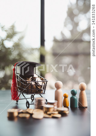 Shopping cart filled with coins and a graduation cap beside family figures, symbolizing education expenses, tuition budgeting, household priorities, parental support, and planning for children. Shopping cart filled with coins and a graduation cap beside family figures, symbolizing education expenses, tuition budgeting, household priorities, parental support, and planning for children. 141833268