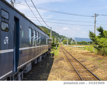 The Oro 12 series train car at Wakasa Railway Hayabusa Station and the scenery of the railway line. The Oro 12 series train car at Wakasa Railway Hayabusa Station and the scenery of the railway line. 141833609