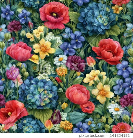 Watercolor, seamless pattern with wild flowers on a dark background. Hydrangeas, daisies, poppies, violets background. Watercolor illustration. 141834121