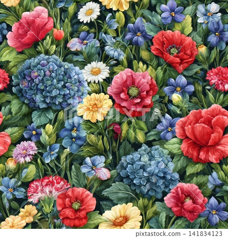 Watercolor, seamless pattern with wild flowers on a dark background. Hydrangeas, daisies, poppies, violets background. Watercolor illustration. Watercolor, seamless pattern with wild flowers on a dark background. Hydrangeas, daisies, poppies, violets background. Watercolor illustration. 141834123