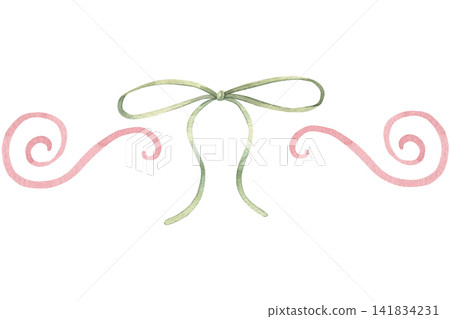 Seamless border, pink scrolls, hearts, doodles, green bows. Hand-painted watercolor illustration isolated on white for stationery, invitation, packaging, decor, wedding designs, textile prints, poster Seamless border, pink scrolls, hearts, doodles, green bows. Hand-painted watercolor illustration isolated on white for stationery, invitation, packaging, decor, wedding designs, textile prints, poster 141834231