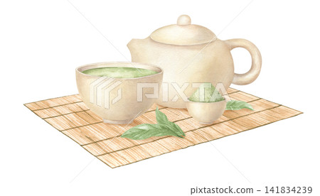 Matcha tea set with ceramic teapot, bowl of green powder, and fresh tea leaf on bamboo mat watercolor illustration on isolated background. Traditional Japanese tea ceremony and healthy drink concept. Matcha tea set with ceramic teapot, bowl of green powder, and fresh tea leaf on bamboo mat watercolor illustration on isolated background. Traditional Japanese tea ceremony and healthy drink concept. 141834239