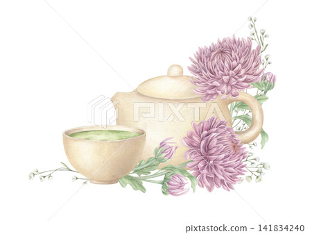 Oriental tea ceremony composition with teapot, matcha cup and pink chrysanthemum flower watercolor illustration. Floral art with tea time theme for spa service menus, organic product packaging 141834240