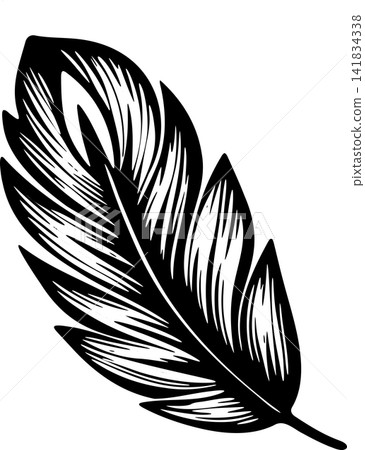 Minimalistic black feather drawing on transparent background, hand drawn illustration, simple and elegant design. Minimalistic black feather drawing on transparent background, hand drawn illustration, simple and elegant design. 141834338