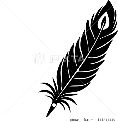 Minimalistic black feather drawing on transparent background, hand drawn illustration, simple and elegant design. Minimalistic black feather drawing on transparent background, hand drawn illustration, simple and elegant design. 141834339
