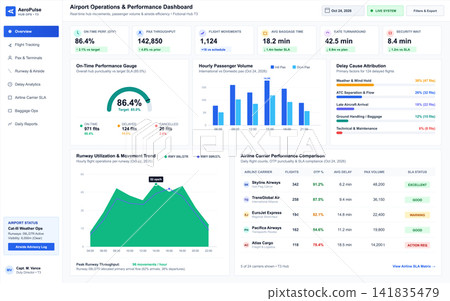 Airport Operations and Performance Management Dashboard Interface with Data Visualization Airport Operations and Performance Management Dashboard Interface with Data Visualization 141835479