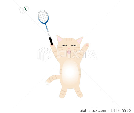 Character illustration of a tabby cat enjoying badminton. Character illustration of a tabby cat enjoying badminton. 141835590