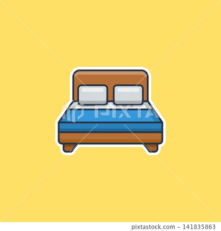 Simple bed with wooden frame and blue mattress 141835863