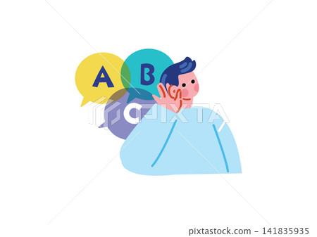 An illustration of a man practicing English listening comprehension. An illustration of a man practicing English listening comprehension. 141835935