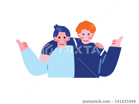An illustration of a white man and a Japanese man with their arms around each other's shoulders. An illustration of a white man and a Japanese man with their arms around each other's shoulders. 141835949