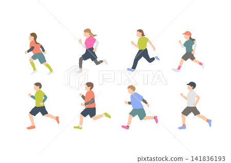 一組描繪小學生跑步和兒童運動的插圖。 141836193