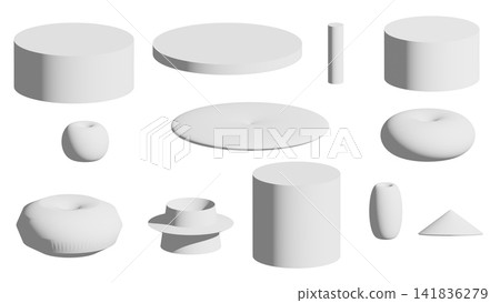 A set of simple 3D geometric shapes. Pink on a white background. A set of simple 3D geometric shapes. Pink on a white background. 141836279