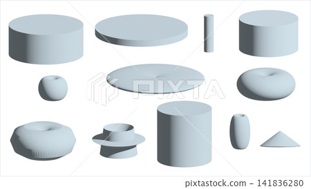 A set of simple 3D geometric shapes. Pink on a white background. A set of simple 3D geometric shapes. Pink on a white background. 141836280
