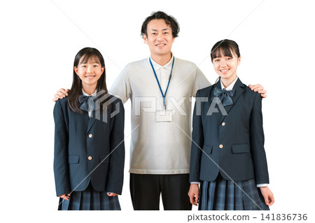 A male teacher and female elementary, middle, and high school students 141836736