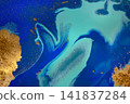 Abstract Original Hand Drawn Blue Artwork Liquid Inks Illustration with Gold Glitter. 141837284