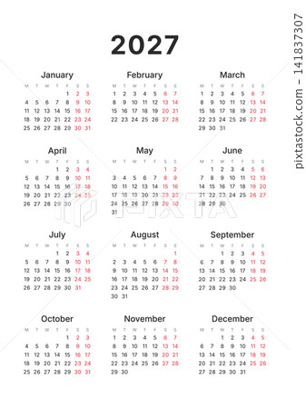Minimal 2027 Year Calendar Vertical Layout Vector Isolated on Transparent Background. Monday start Minimal 2027 Year Calendar Vertical Layout Vector Isolated on Transparent Background. Monday start 141837307