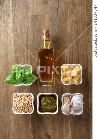 Homemade pesto sauce and ingredients. Homemade pesto sauce and ingredients. 141837347