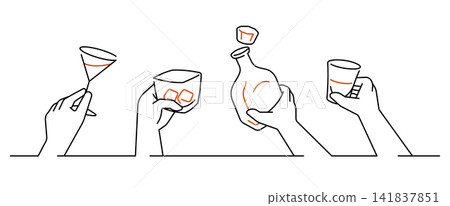 whiskey and alcohol drinks cheers with hand holding single line illustration whiskey and alcohol drinks cheers with hand holding single line illustration 141837851