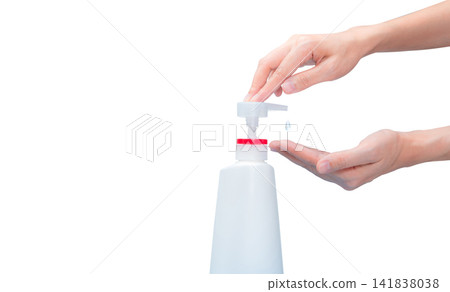 Woman hand pump hand sanitizer from plastic bottle to drop alcohol gel on palm to kill coronavirus. Cleaning hands with alcohol gel to protect from germs, virus, and bacteria. Personal hygiene. 141838038