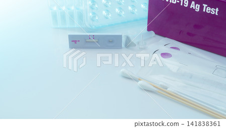 Covid 19 antigen self test for nasal swab. Antigen test kit for home use to detection coronavirus infection. Rapid antigen test. Corona virus diagnosis. Medical device for covid-19 antigen test. 141838361