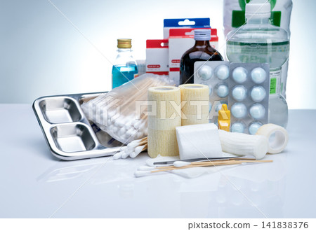 Wound care dressing set and stainless steel plate, forceps, cotton stick, conform bandage, elastic cohesive retention bandage, alcohol, normal saline bottle, and povidone-iodine. Medical supply. Wound care dressing set and stainless steel plate, forceps, cotton stick, conform bandage, elastic cohesive retention bandage, alcohol, normal saline bottle, and povidone-iodine. Medical supply. 141838376