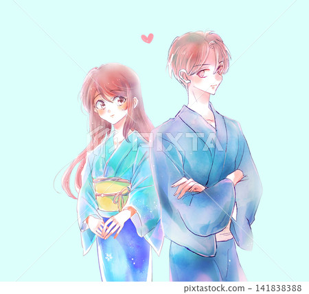 一對身穿浴衣(日本傳統夏季和服)的男女,處於戀愛關係中。 一對身穿浴衣(日本傳統夏季和服)的男女,處於戀愛關係中。 141838388