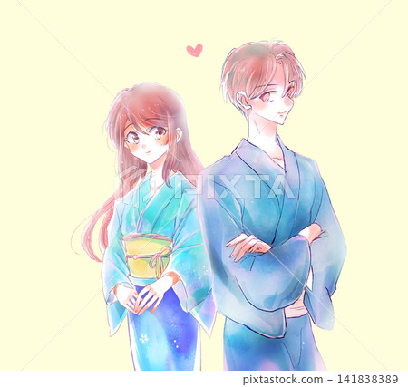 A man and woman in yukata (traditional Japanese summer kimono) in a romantic relationship. A man and woman in yukata (traditional Japanese summer kimono) in a romantic relationship. 141838389