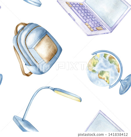 Watercolor seamless pattern with illustration school and study supplies. Hand drawn background featuring a backpack, laptop, globe, and desk lamp on white for education design and textiles. 141838412