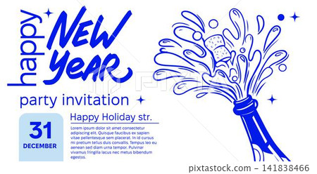 Happy New Year invitation template featuring a champagne bottle with popping cork and festive splash. Minimal blue line art design for New Year Eve party invitations, posters, flyers, social media. Happy New Year invitation template featuring a champagne bottle with popping cork and festive splash. Minimal blue line art design for New Year Eve party invitations, posters, flyers, social media. 141838466
