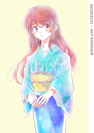 Woman in a yukata, hair down, knee shot. Woman in a yukata, hair down, knee shot. 141838509
