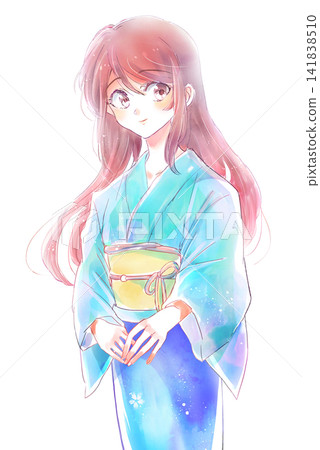 Woman in a yukata, hair down, knee shot. 141838510