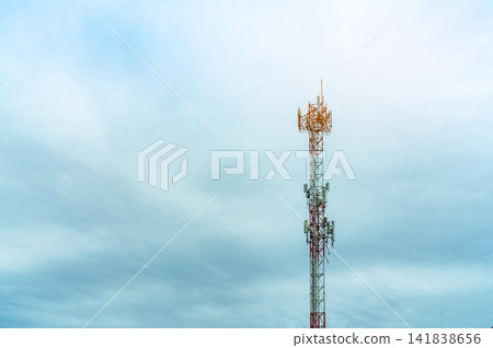 Telecommunication tower with blue sky and white clouds. Antenna on blue sky. Radio and satellite pole. Communication technology. Telecommunication industry. Mobile or telecom 4g network. Technology Telecommunication tower with blue sky and white clouds. Antenna on blue sky. Radio and satellite pole. Communication technology. Telecommunication industry. Mobile or telecom 4g network. Technology 141838656