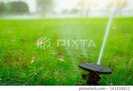Automatic lawn sprinkler watering green grass. Garden, yard irrigation system watering lawn. Water saving or conservation from sprinkler system. Turf farm business. Sprinkler service and maintenance. Automatic lawn sprinkler watering green grass. Garden, yard irrigation system watering lawn. Water saving or conservation from sprinkler system. Turf farm business. Sprinkler service and maintenance. 141838912