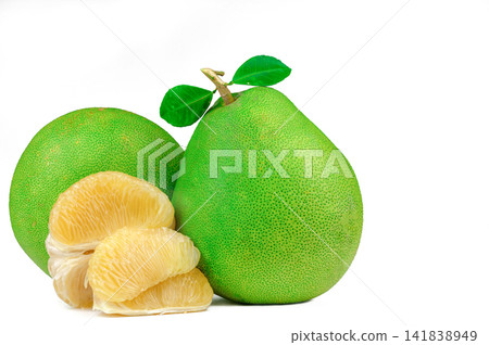 Pomelo pulp without seeds isolated on white background. Thailand pomelo fruit. Natural source of vitamin C and potassium. Healthy food for slow down aging. Food drug interactions. Citrus fruit. Pomelo pulp without seeds isolated on white background. Thailand pomelo fruit. Natural source of vitamin C and potassium. Healthy food for slow down aging. Food drug interactions. Citrus fruit. 141838949