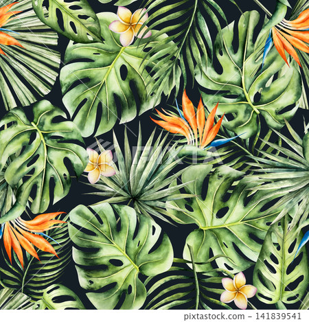 Monstera and palm leaf seamless pattern, strelitzia, frangipani. Watercolor hand drawn isolated botanical illustration on transparent background. Perfect for tropical design projects. For invitations, Monstera and palm leaf seamless pattern, strelitzia, frangipani. Watercolor hand drawn isolated botanical illustration on transparent background. Perfect for tropical design projects. For invitations, 141839541