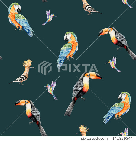 Seamless pattern with tropical birds. Watercolor hand drawn hummingbird, parrot macaw, toco toucan, hoopoe. Isolated illustration on transparent background. Perfect for tropical design projects. For Seamless pattern with tropical birds. Watercolor hand drawn hummingbird, parrot macaw, toco toucan, hoopoe. Isolated illustration on transparent background. Perfect for tropical design projects. For 141839544