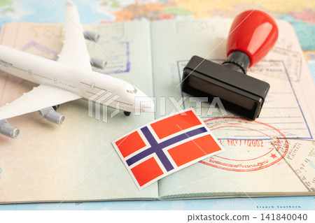 Norway flag and passport with airplane for travel. Norway flag and passport with airplane for travel. 141840040