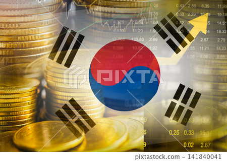 South Korea flag with stock market finance, economy trend graph digital technology. South Korea flag with stock market finance, economy trend graph digital technology. 141840041