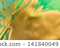 Abstract Original Hand Drawn Green Artwork Liquid Inks Illustration with Gold Glitter Text Space. 141840049
