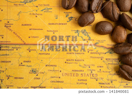 Bangkok, Thailand March 12, 2023 Coffee bean on world map, shopping online for export or import. Bangkok, Thailand March 12, 2023 Coffee bean on world map, shopping online for export or import. 141840081