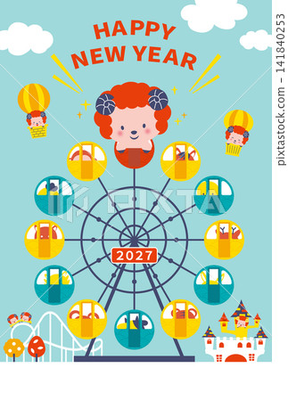 【2027年 - 羊年】以十二生肖動物搭乘摩天輪為主題的新年賀卡 【2027年 - 羊年】以十二生肖動物搭乘摩天輪為主題的新年賀卡 141840253